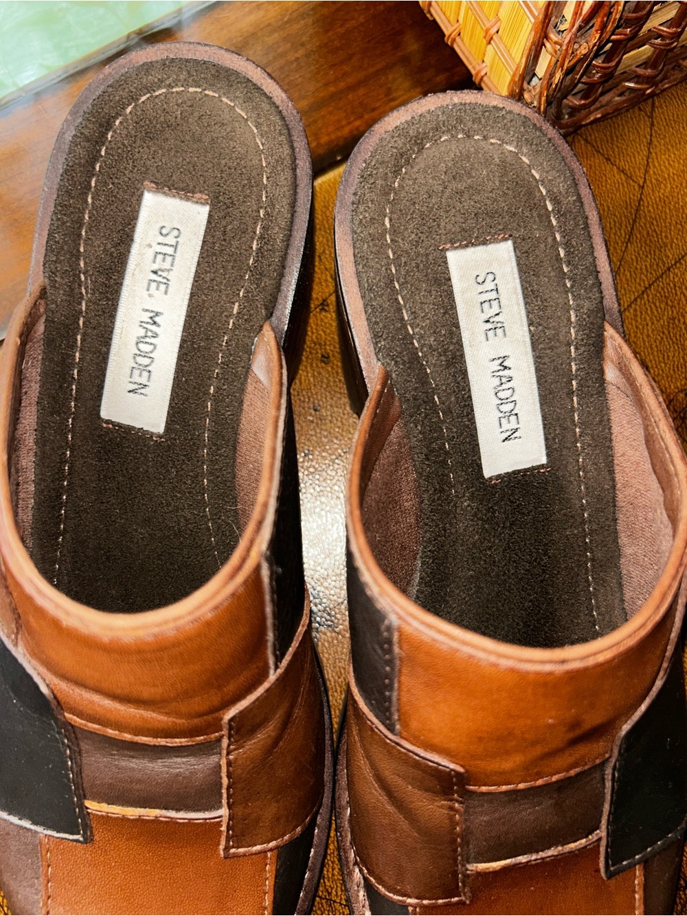 Steve Madden Brown & Black Patchwork Leather Clogs - Picture 6 of 15